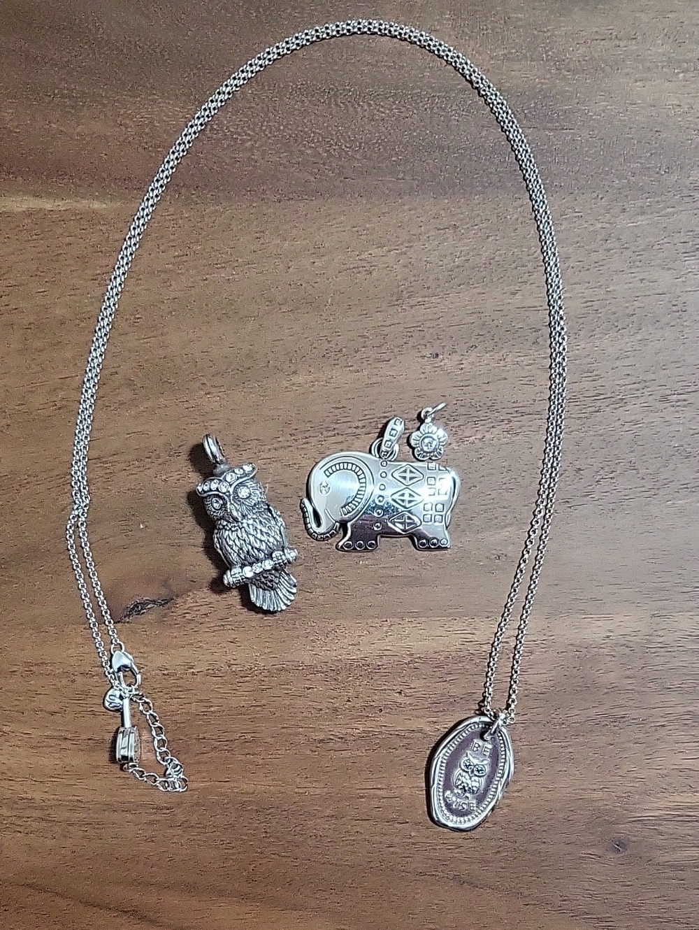 Brighton Silver Long Necklace with Three Brighton Pendants Owls and Elephant